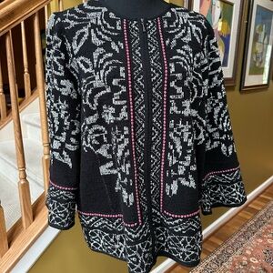 Chico’s Black & Cream Patterned Full Zip Sweater Jacket